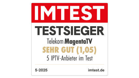 Testsiegel Imtest, Testsieger, Telekom MagentaTV, Sehr gut (1,05), 5 IPTV-Anbieter im Test, 5.2025, imtest.de