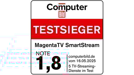 Testsiegel Computer Bild, Testsieger MagentaTV SmartStream, Note 1,8, computerbild.de vom 16.05.2025, 5 TV-Streaming-Dienste im Test